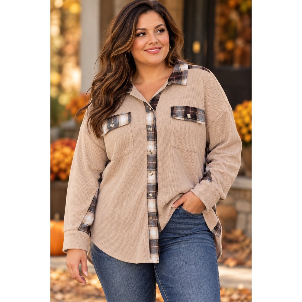Oatmeal Waffle Knit Plaid Trim Shacket Snap Button Shirt Jacket Women's Size L